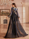 Women Long-sleeved Round Neck Formal Party Sequined Slit Evening Gown