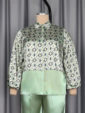Plus Size Women Geometric Print Patchwork Shirt and Wide-Leg Pants Two-Piece Set