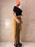 Women Tassel Patchwork Color Block Non-Stretch Denim Pants