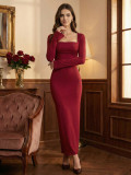 Women Backless Red Long-sleeved Elegant Dress