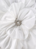 Plus Size Women White Floral Rhinestone Shirt with Puff Sleeves and Ruffles Stand Collar Top