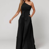 Spring Women's Chic Slash Shoulder Tie Waist Wide Leg Jumpsuit