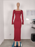 Women Backless Red Long-sleeved Elegant Dress