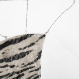 Women Summer Zebra Print Sequined Halter Neck Backless Top and Skirt Two-Piece Set