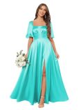 Women Ruffled Pleated Square Neck Short-sleeved Slit Bridesmaid Dress