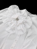 Plus Size Women White Floral Rhinestone Shirt with Puff Sleeves and Ruffles Stand Collar Top