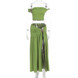 Women Summer Sexy Slash Shoulder Crop Top and Slit Gruated Skirt Two-Piece Set