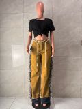 Women Tassel Patchwork Color Block Non-Stretch Denim Pants