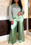 Plus Size Women Geometric Print Patchwork Shirt and Wide-Leg Pants Two-Piece Set