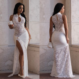 Women Sexy Lace Cut Out Slit Slim Fit Evening Dress