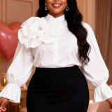 Plus Size Women White Floral Rhinestone Shirt with Puff Sleeves and Ruffles Stand Collar Top