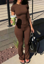 Women's Retro Brown Slim Fit Top & High Waist Pants Two-Piece Set