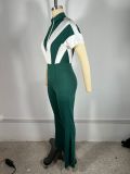 Women Turndown Collar Zipper Patchwork Bell Bottom Jumpsuit