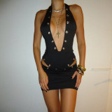 Women Winter Sexy Hollow-out Metallic Halter Neck Top Bodycon Skirt Two-Piece Set