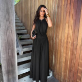 Women Elegant Halter Neck V-Neck Pleated Top and Wide-Leg Pants Two-Piece Set