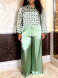 Plus Size Women Geometric Print Patchwork Shirt and Wide-Leg Pants Two-Piece Set