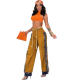 Women Tassel Patchwork Color Block Non-Stretch Denim Pants