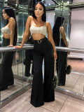 Women's High Waist Metal Ring Belt Wide Leg Black Trousers