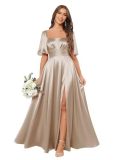 Women Ruffled Pleated Square Neck Short-sleeved Slit Bridesmaid Dress