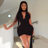 Women's Lace-Up Halter Neck Ruched Sexy Mini Dress