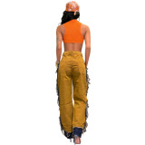 Women Tassel Patchwork Color Block Non-Stretch Denim Pants