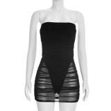 Women Spring Sexy Faux Two-Piece Mesh Strapless Dress