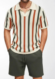 Summer Men's Striped Knitted Polo Shirt & Shorts Set