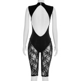 Women Sexy See-Through Backless Lace Seven-Point Jumpsuit