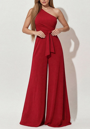 Spring Women's Chic Slash Shoulder Tie Waist Wide Leg Jumpsuit
