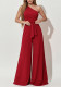 Spring Women's Chic Slash Shoulder Tie Waist Wide Leg Jumpsuit