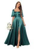 Women Ruffled Pleated Square Neck Short-sleeved Slit Bridesmaid Dress
