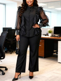 Plus Size Women Black See-Through Ruffles Beaded Cuff Top and Wide-Leg Pants Two-Piece Set