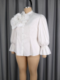 Plus Size Women White Floral Rhinestone Shirt with Puff Sleeves and Ruffles Stand Collar Top