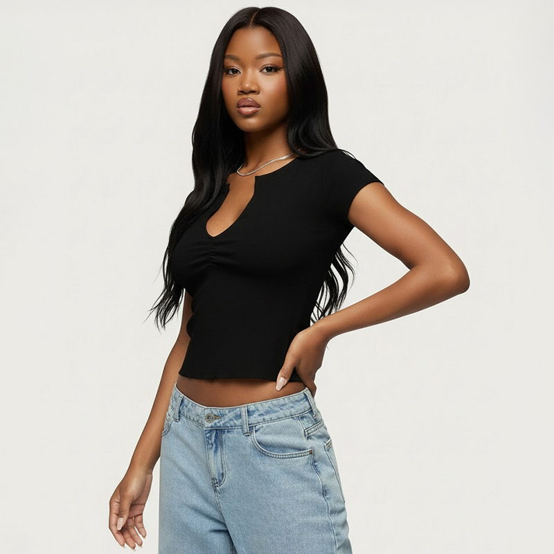 V-Neck Short-Sleeved Crop Top for Summer Outings