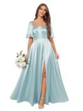 Women Ruffled Pleated Square Neck Short-sleeved Slit Bridesmaid Dress