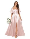 Women Ruffled Pleated Square Neck Short-sleeved Slit Bridesmaid Dress