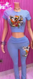 Women Printed Sexy Short-Sleeved Top and Pants Two-Piece Set