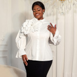 Plus Size Women White Floral Rhinestone Shirt with Puff Sleeves and Ruffles Stand Collar Top