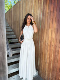 Women Elegant Halter Neck V-Neck Pleated Top and Wide-Leg Pants Two-Piece Set