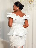 Plus Size Women White Off Shoulder Ruffles Formal Party Top