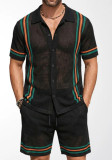 Summer Men's Hollow-Out Knitted Polo Cardigan and Shorts Set