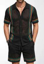 Summer Men's Hollow-Out Knitted Polo Cardigan and Shorts Set Summer Men's Hollow-Out Knitted Polo Cardigan and Shorts Set