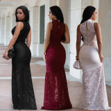 Women Sexy Lace Cut Out Slit Slim Fit Evening Dress