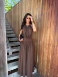 Women Elegant Halter Neck V-Neck Pleated Top and Wide-Leg Pants Two-Piece Set
