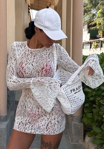 Women Beach Swim Trunks Lace Long-Sleeve Dress Three-Piece