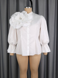 Plus Size Women White Floral Rhinestone Shirt with Puff Sleeves and Ruffles Stand Collar Top