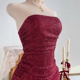 Women's Strapless Sequin Low Back Ruffle Bodycon Party Dress