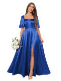 Women Ruffled Pleated Square Neck Short-sleeved Slit Bridesmaid Dress