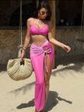 Women Rose Pink Bikini Sexy Backless Maxi Skirt Three-Piece