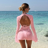 Women Beach Swim Trunks Lace Long-Sleeve Dress Three-Piece